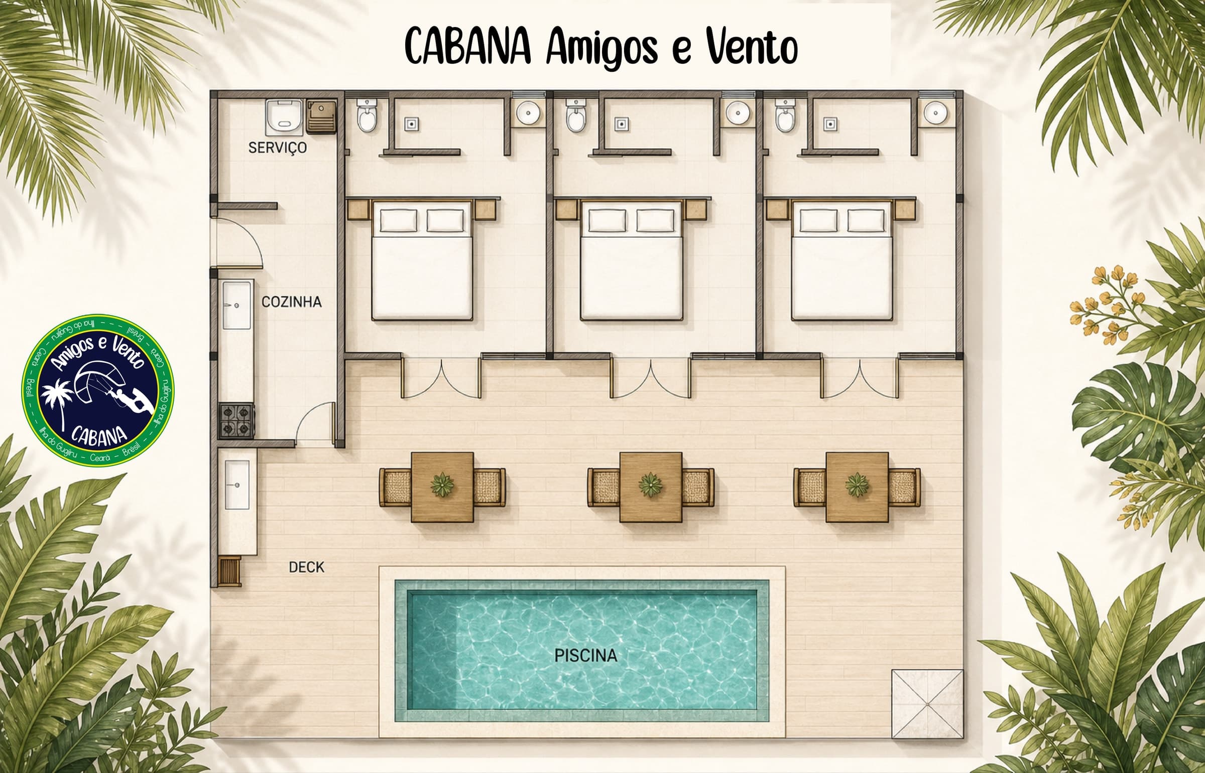 Plan de la Cabana : trois chambres, cuisine, deck et piscine
