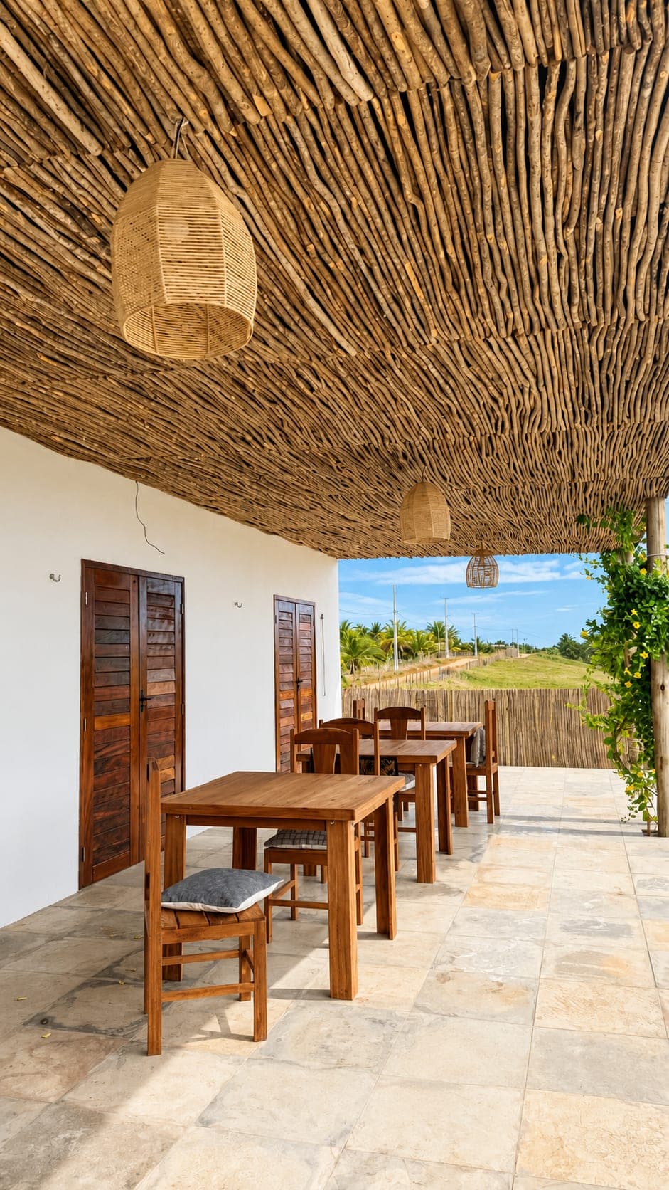 Terrasse couverte et sa table en bois, sous un plafond de bambou